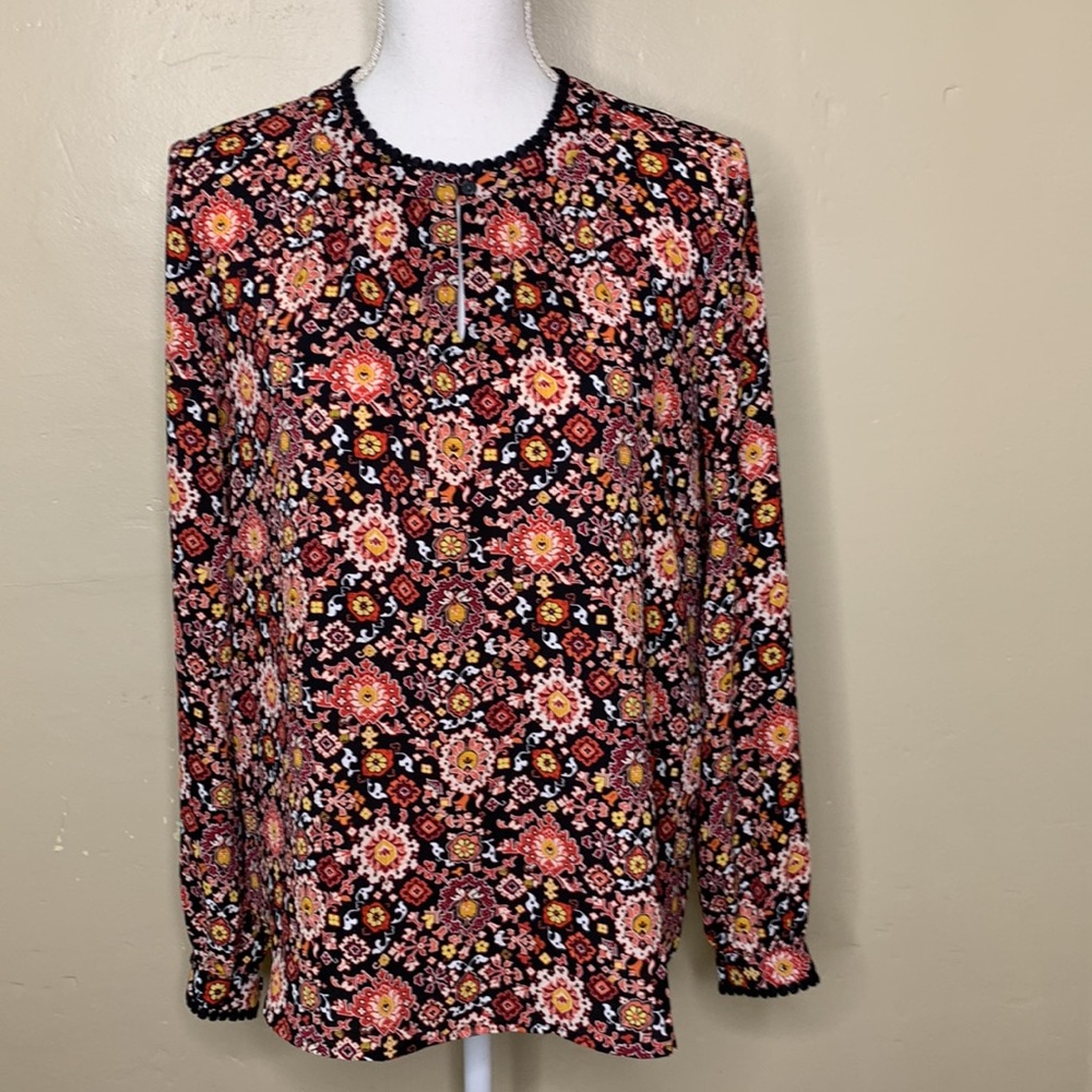 LOFT Blouse Black Coral Floral Graphic Embroidery Trim Keyhole Button Neckline